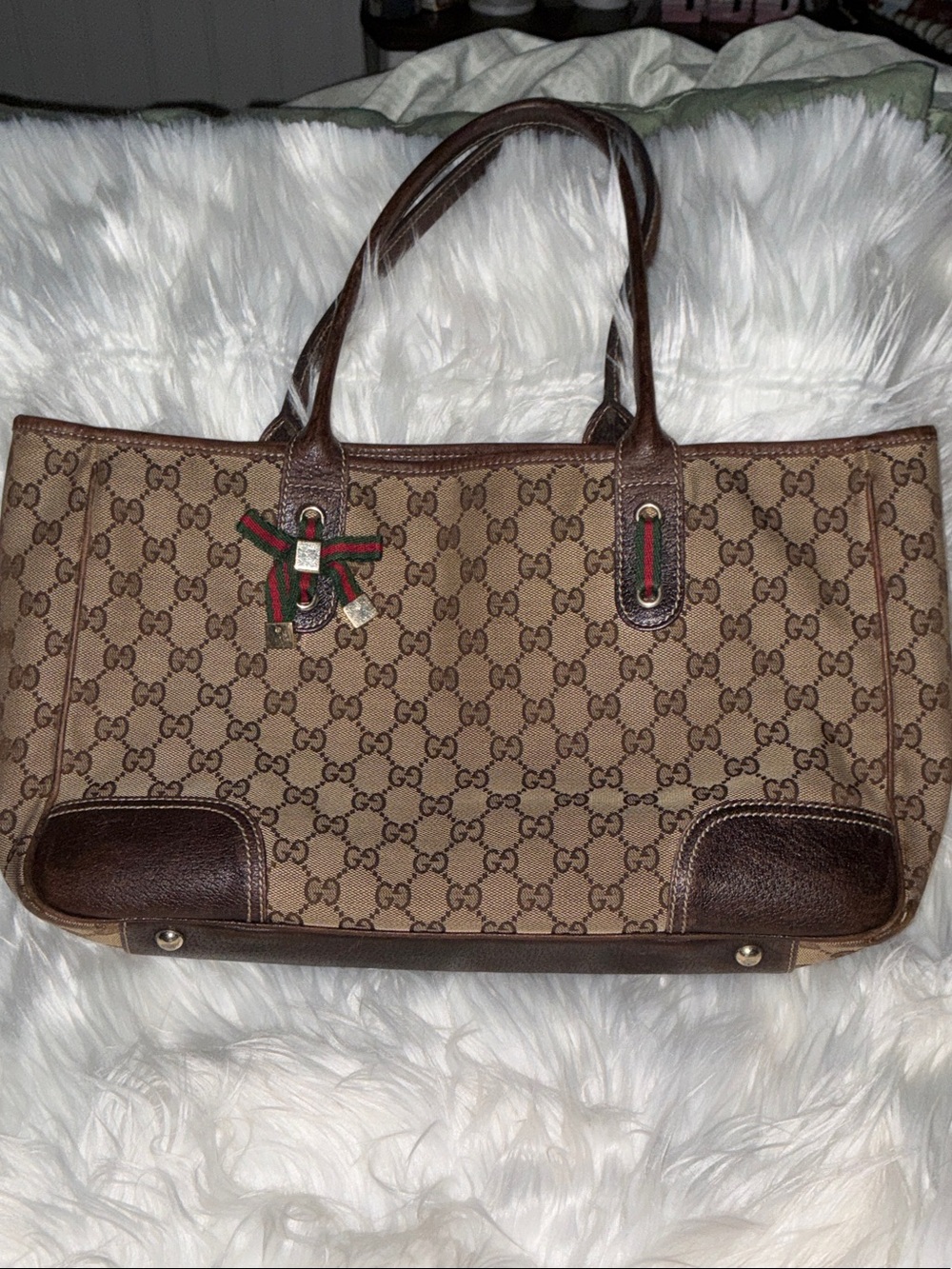 Gucci Brown GG Canvas Tote with Web Ribbon Accent
